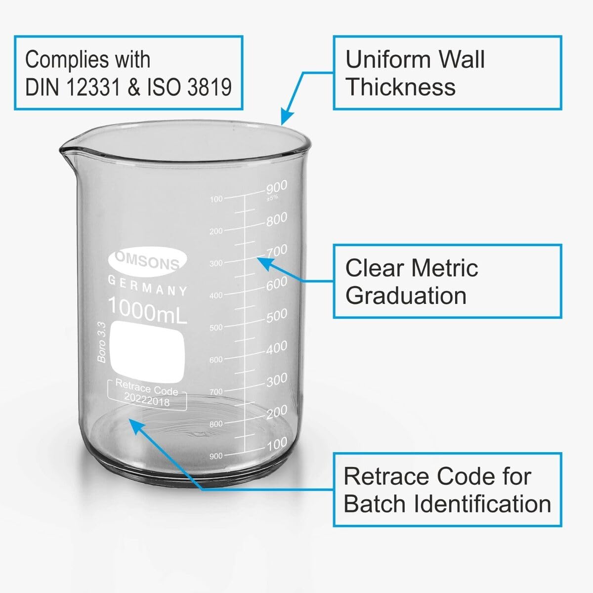 Omsons Beaker Low Form with Spout - Multi Capacity options | Science Lab Glassware Educational Kit