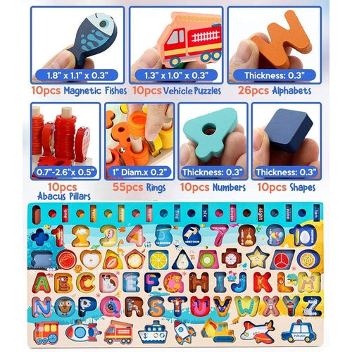 7-اِن-1 لکڑی کی پزلز، شکلیں الگ کرنے والا اور گنتی | 135 ٹکڑوں کا بچوں کے لیے ریاضی / مونٹیسوری سیٹ (3+ سال)