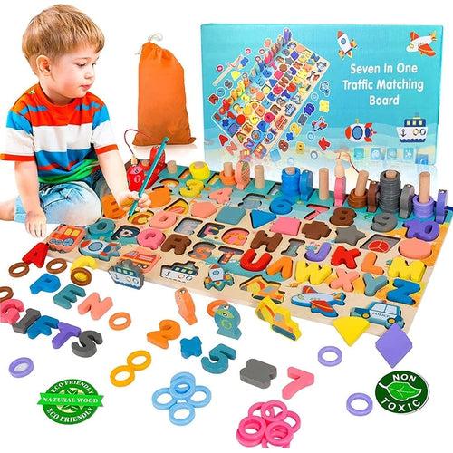 7 in 1 Wooden Puzzles Learning Toy | Math Stacking Blocks, Shape Sorter, Counting Game | 135 pcs Montessori set for Kids 3+