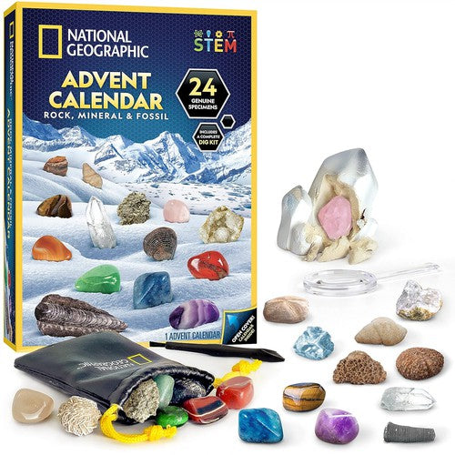 Rock Mineral and Fossil Advent Calendar with 24 Gemstones | Science Exploration Kit by National Geographic | Ages 6+
