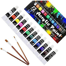 Load image into Gallery viewer, Acrylic Paint Set, 12x12ml Tubes Artist Quality Non Toxic vibrant colors, painting on Canvas, Wood, and Clay | Age 3+
