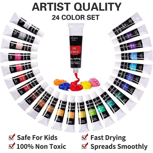 Acrylic Paint Set, 24x12ml Tubes Artist Quality Non Toxic vibrant colors, painting on Canvas, Wood, and Clay | Age 3+