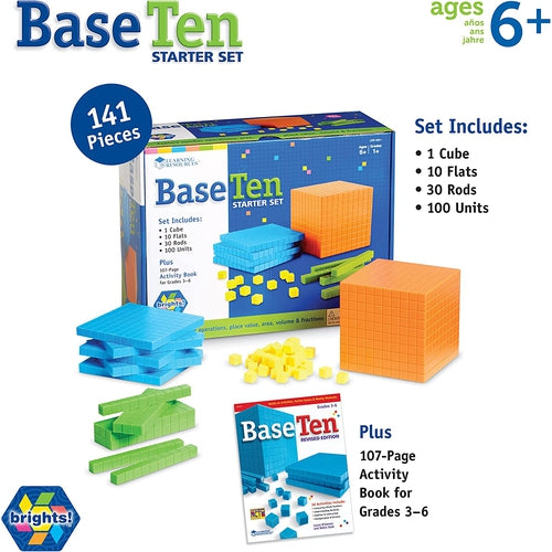 Base Ten Starter Kit - ملون | مجموعة الرياضيات المكونة من 100 قطعة من Learning Resources Brights US | سن 6+