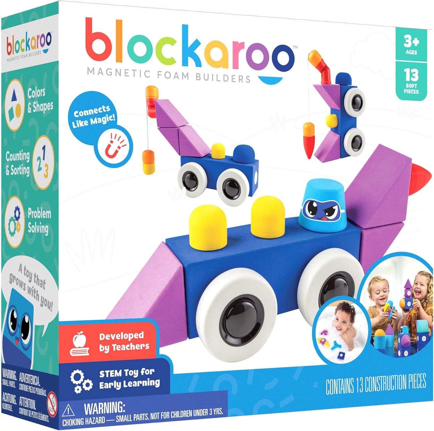 Blockaroo Magnetic Foam Blocks - Medium - Roadster | 13 Soft pcs Construction Set for Kids Age 3+