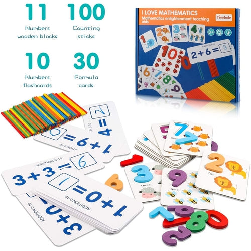 I Love Mathematics Kit | Flash Cards, Counting Sticks, Number Blocks  | Math / Montessori set for Kids 3+