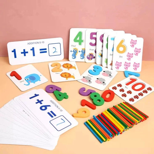 I Love Mathematics Kit | Flash Cards, Counting Sticks, Number Blocks  | Math / Montessori set for Kids 3+