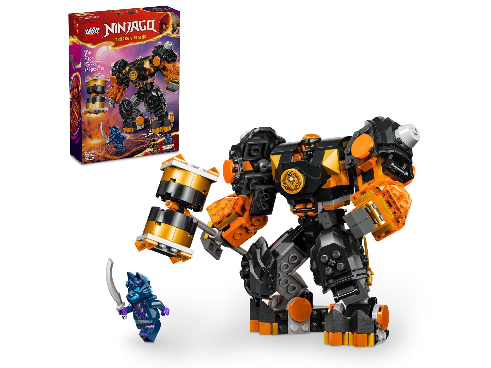 Lego Ninjago Dragons Rising - Cole's Elemental Earth Mech - 71806 | Customisable Action Figure Battle Toy With Cole Minifigure | 235 pcs construction set for Kids Age 7+