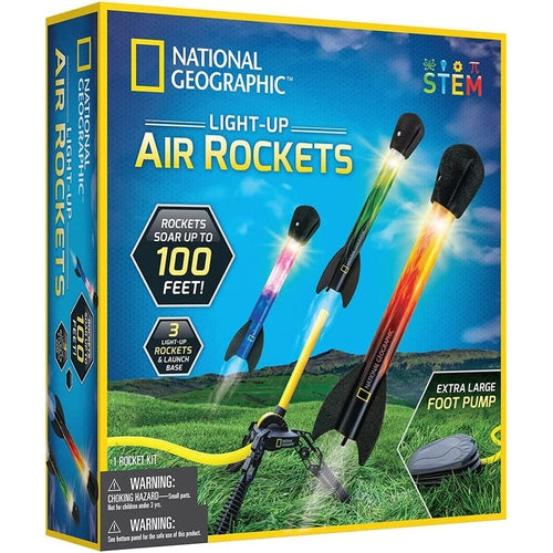Light-Up Air Rockets with launch base and foot pump | Science set by National Geographic | Age 6+