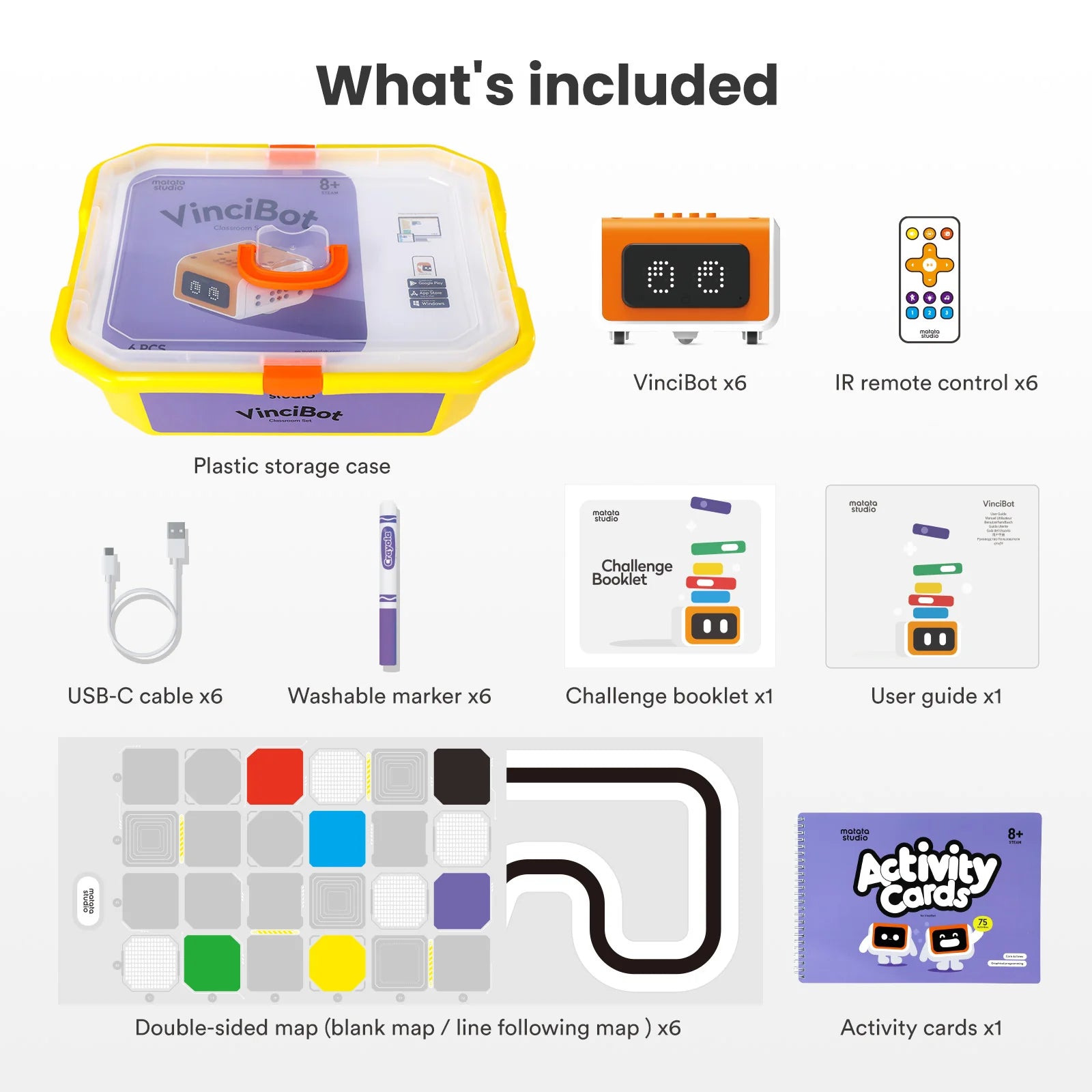 MatataStudio VinciBot Classroom Set | pack of 6 robots, charging stations and STEM/AI resources for Kids Age 8+