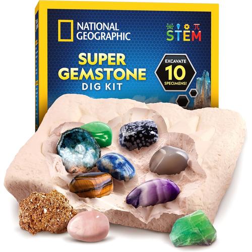 National Geographic Super Gemstone Dig Kit | Excavate 10 Real Gems, Science Set for Kids Age 8+