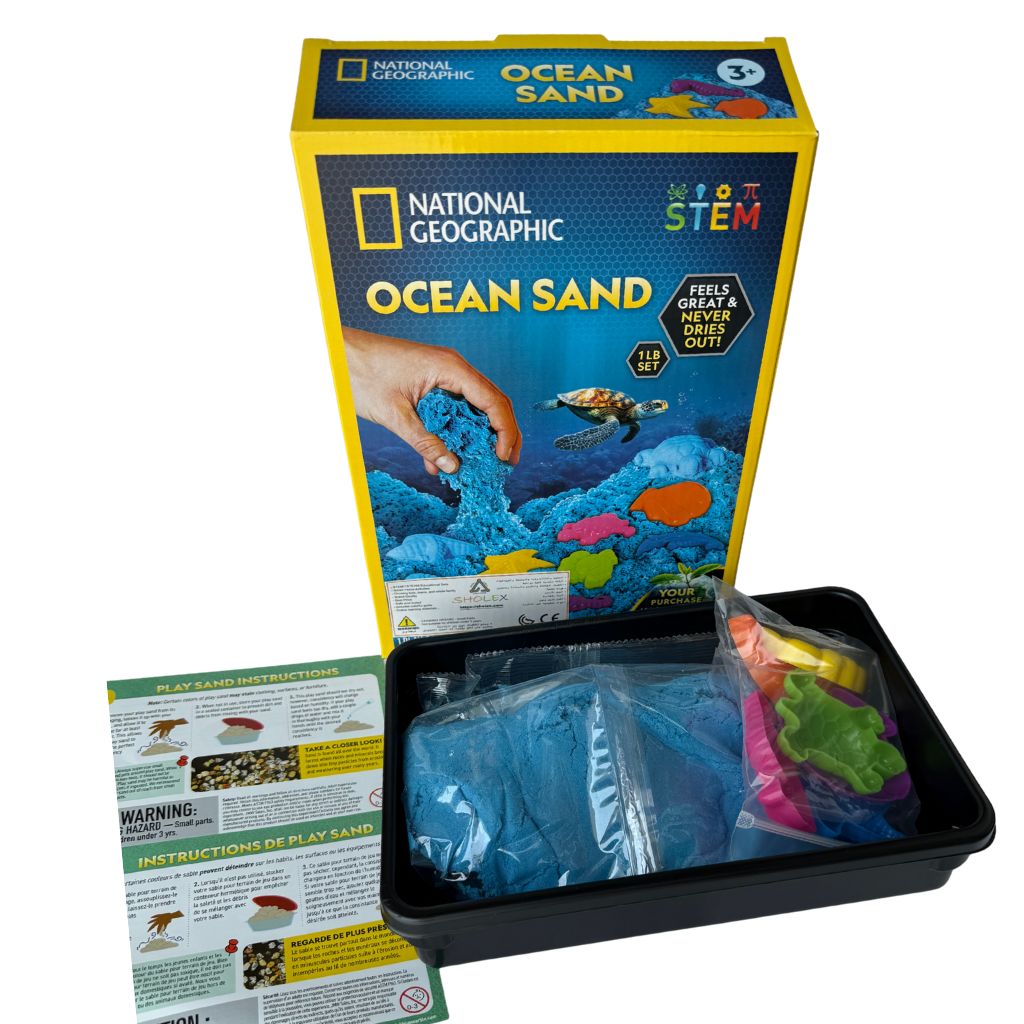 National Geographic Ocean Sand - Feels Great & Never Dries Out, 1 LB / 0.45 Kg with Molds | Sensory Craft Set for kids Age 3+