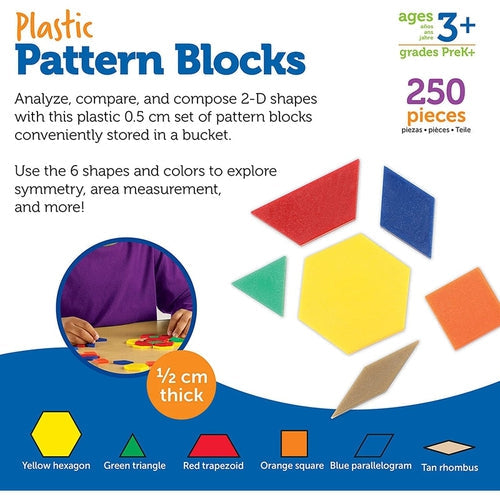 Plastic Pattern Blocks Jar - LER0134 | 0.5 cm, 250 pcs Math Set by Learning Resources US | Age 3+