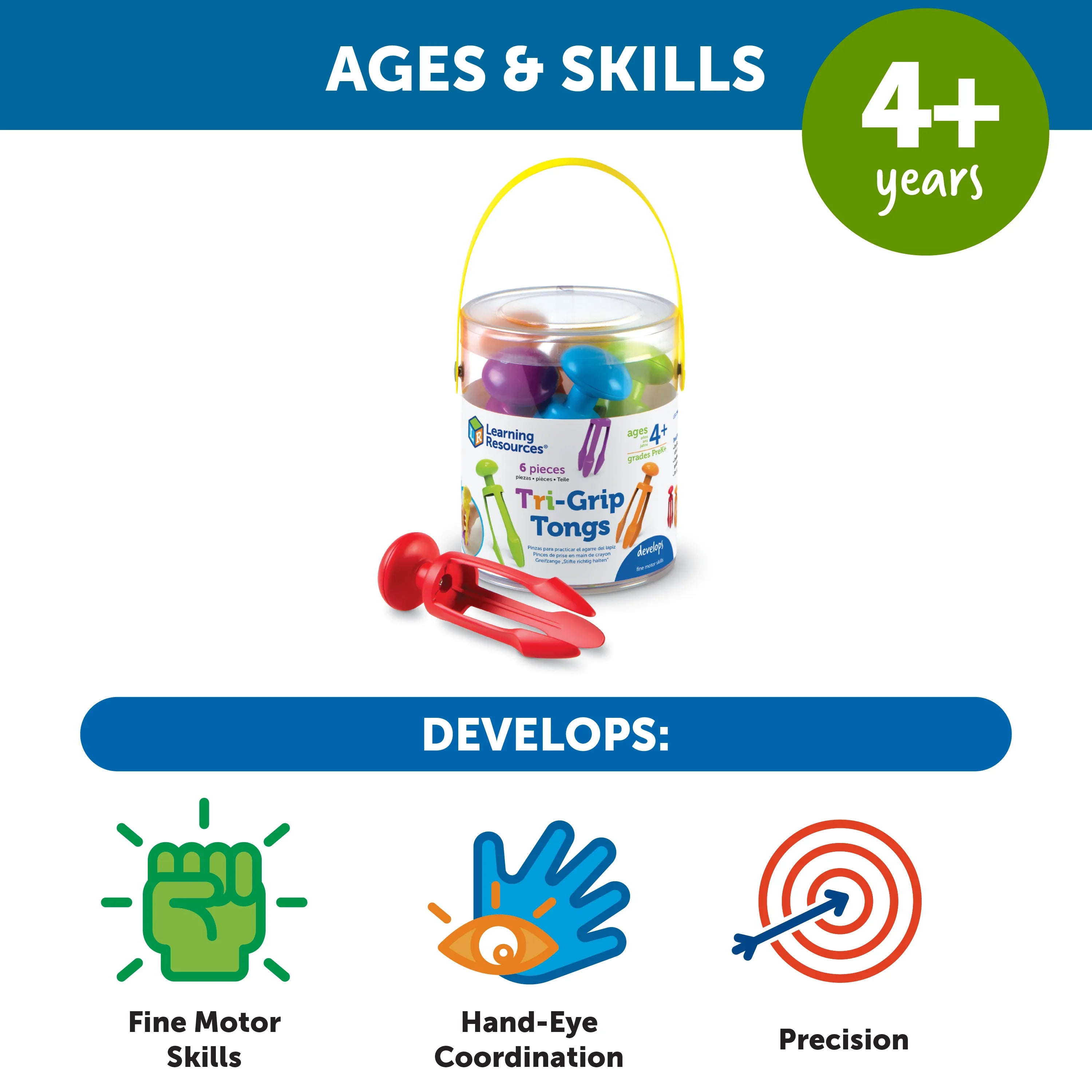 Tri-Grip Tongs - LER2964,  Set of 6 Multicolor Droppers | Fine Motor Skills Set by Learning Resources US for Kids Age 4+
