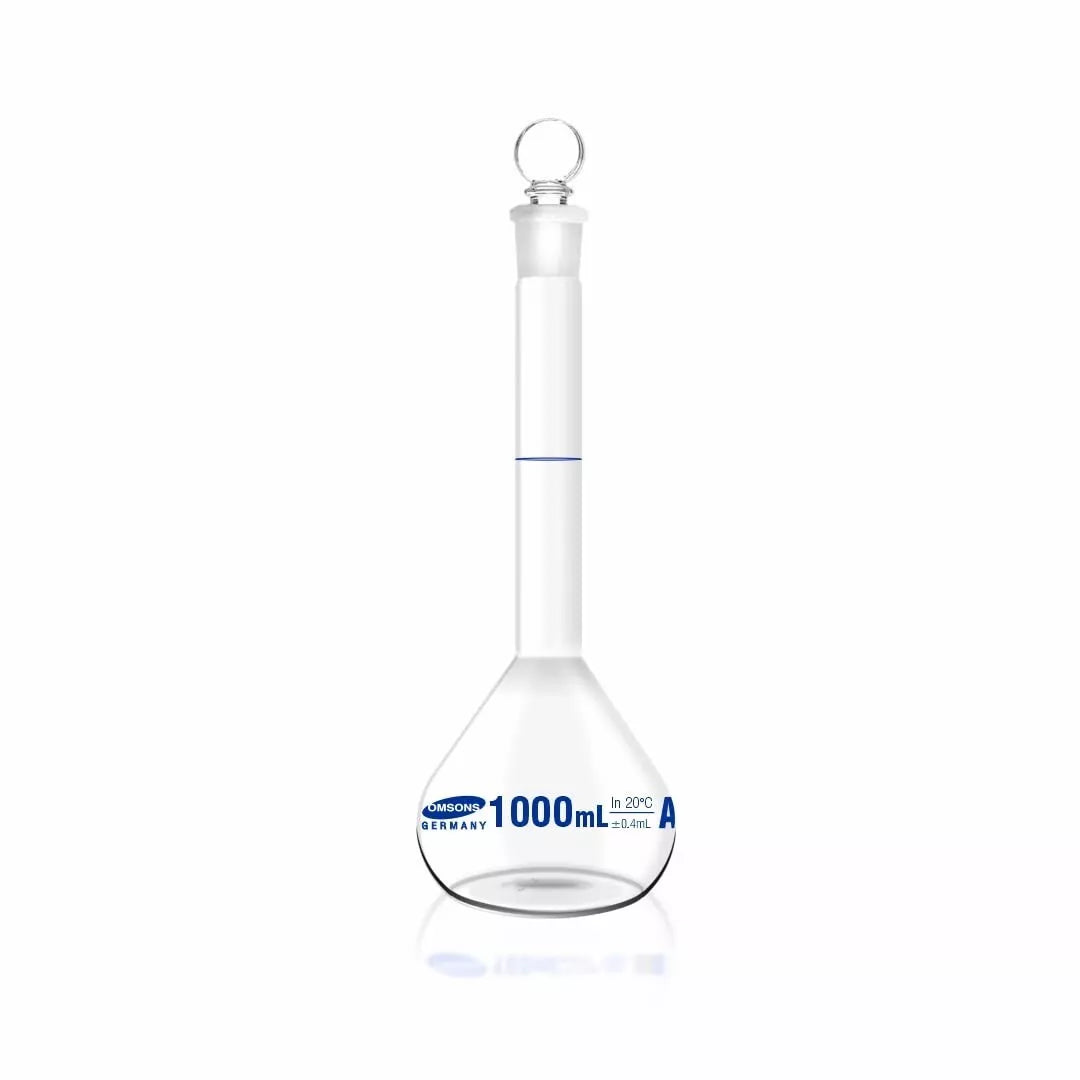 Omsons Volumetric Flask - Clear, Class A | 1000 ml | Science Lab Glassware Educational Kit