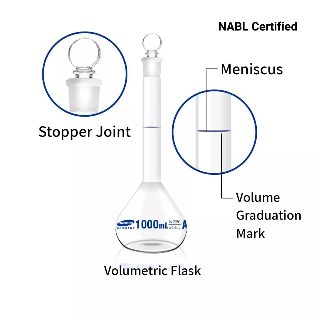 Omsons Volumetric Flask - Clear, Class A | 1000 ml | Science Lab Glassware Educational Kit