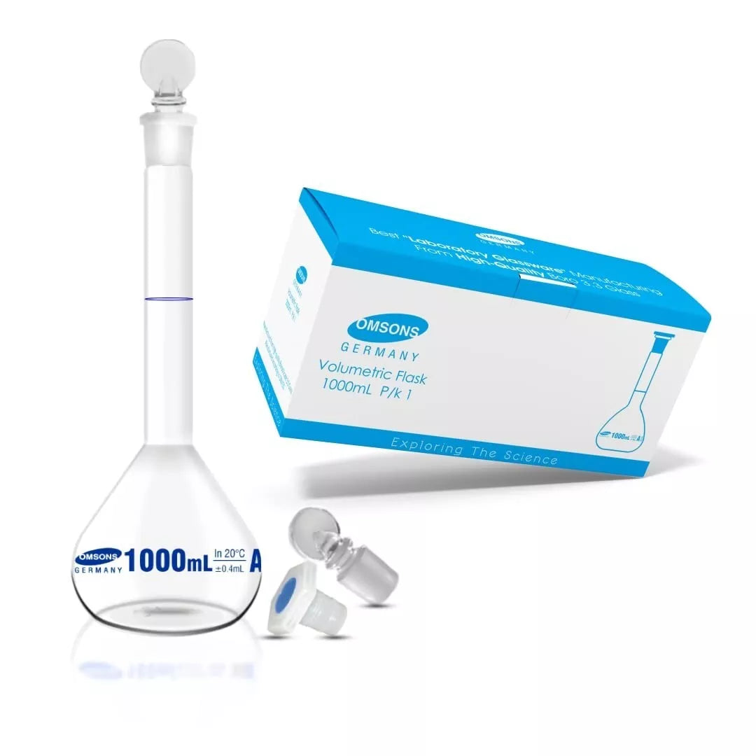 Omsons Volumetric Flask - Clear, Class A | 1000 ml | Science Lab Glassware Educational Kit